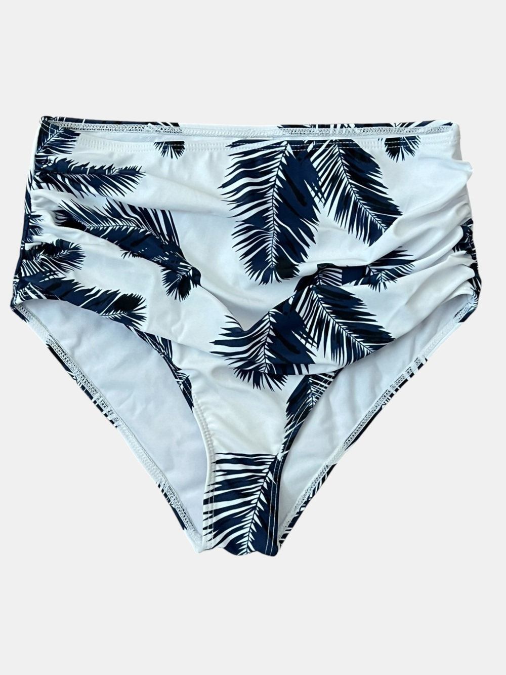 Women's Navy Flounce Tankini Top with White Navy Palm High-Waist Bottoms - Picture 4 of 11